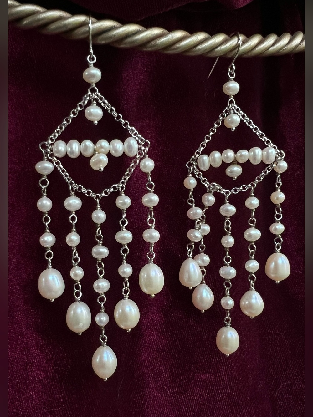 Vintage WW 925 Sterling Genuine Pearl Chandelier Bridal Statement Earrings 15g